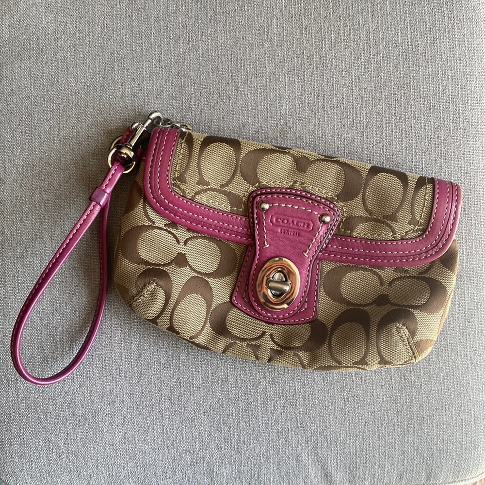OG pattern Coach Wristlet with Bright Pink Details